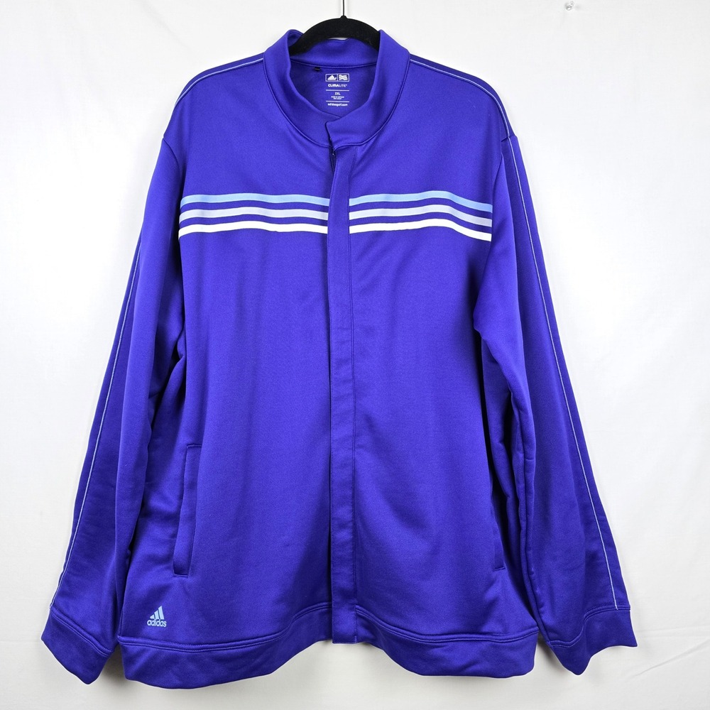 Adidas Golf Climalite Mens 2XL Purple Striped Full Zip Pullover Jacket NG Logo